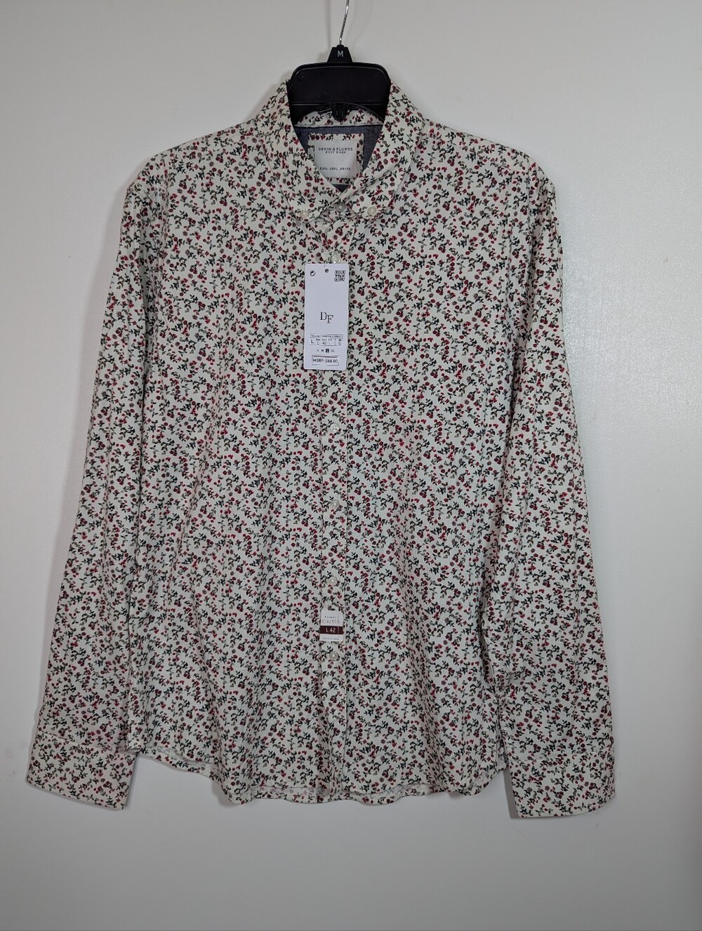 Mens Floral Shirt L 42 White Red Flowers Floral New With Tags Stretch